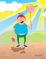 Illustration of a pot-bellied boy holding a lollipop and pink balloon
