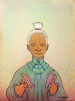 Illustration of a futuristic man with a glowing orb hovering between his upraised hands