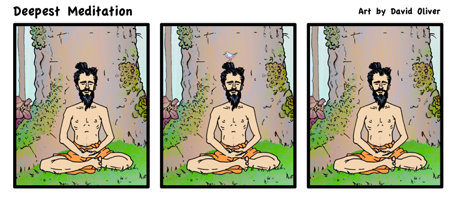 Minimalistic comic portraying a bird landing on the head of a man in deep meditation in the forest