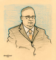 Colored pencil and ink sketch of seated man wearing glasses, suit and tie