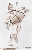 Pencil and ink sketch of a young man dancing and playing a drum while chanting God's name