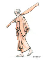 Colored pencil and marker sketch of a Sadhu walking and carrying a bundle