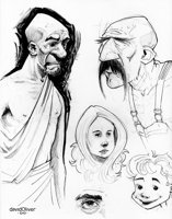 Page of pencil and ink sketches of different imaginary characters