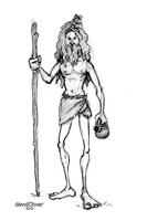 Pencil sketch of a wandering ascetic holding water pot and staff